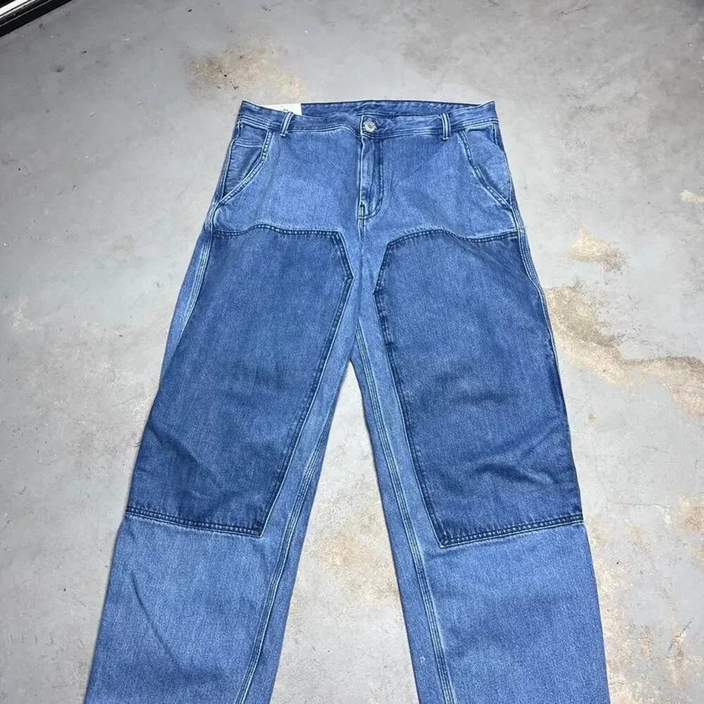 H&M Mens Double Knee Loose Fit Baggy Jeans Blue Contrast Utility Skater Size 34